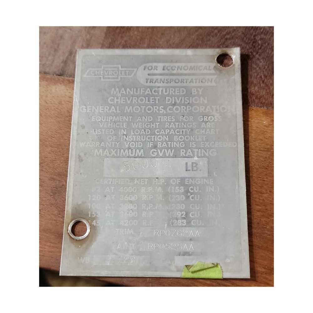 1965 Chevrolet‎ Chevy Truck Data Compliance Certification Plate 5000 LB GVW